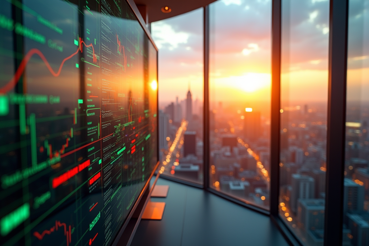 Vue de la skyline de la ville avec reflets de graphiques financiers